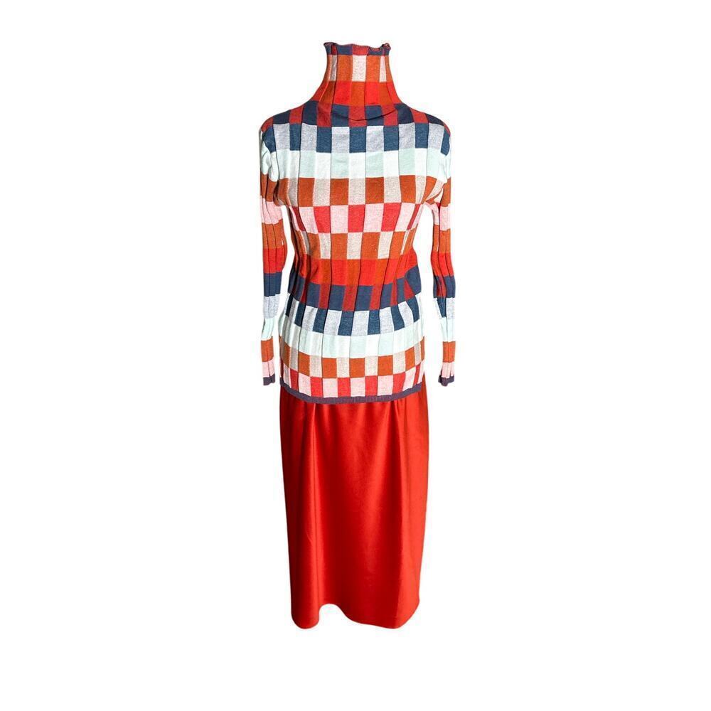 Capo Unico Patchwork Sweater + Orange Satin Skirt Set Small
